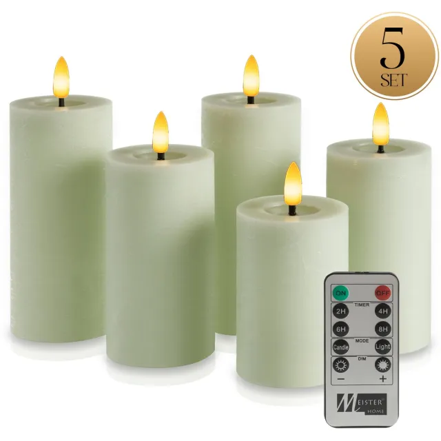 Meisterhome LED Kaarsen 5-delige Set Sage – Vlamloos & Flikkerend Licht – Met Afstandsbediening & Timer – Batterijverlichting – Ø7 cm, Hoogte 10/12,5/15 cm – Rustiek Design – Warm Wit Licht