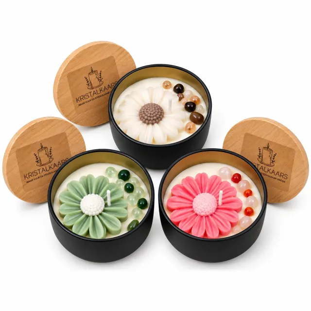 Kristalkaars Bloemenset - Set van 3 Geurkaarsen met Kristallen - Rozenkwarts, Aventurijn & Bergkristal - Cadeau