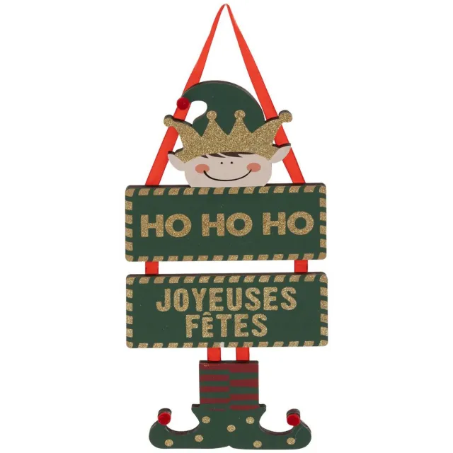 Feeric lights & Christmas Kerstfiguurtje in de vorm van een elf met een houten bordje met de tekst 'Fijne feestdagen', 35 cm Transparent