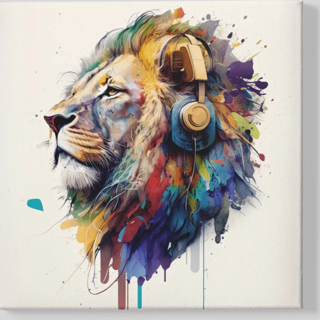 Trendex Global Vierkant Canvas Schilderij - Dieren - Leeuw met Koptelefoon - 40x40x2 cm Kleurrijk