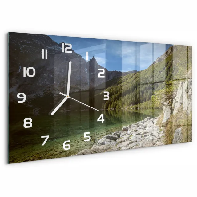 TULUP Wandklok - Morskie Oko van het Tatragebergte Wandklok Glas Met Motief - 60x30 cm - Groente Decoratieve Glazen Klok - Witte handen - Rechthoekige Klok - Gekleurde Glazen Klok - Glazen Klok Met Print