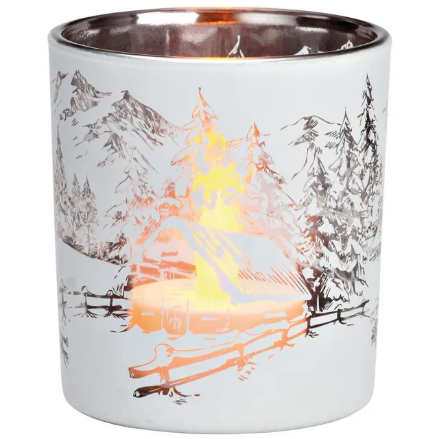 gwurm windlicht - waxinelichthouder - Lantaarn winterbosdecor van glas zwart , goud - kerst - bos - MEDIUM wit