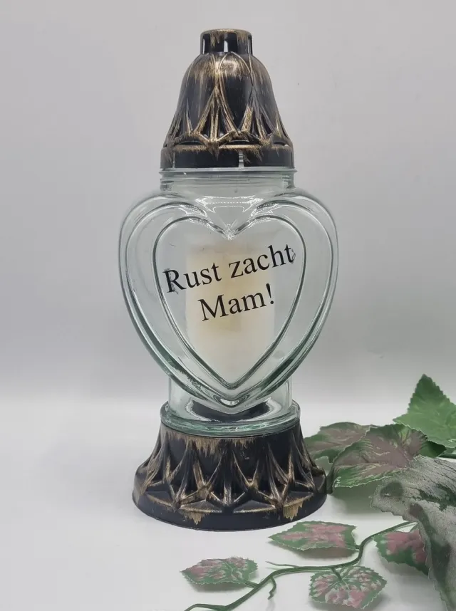 Herdenkingslichtjes.nl Herdenkingslicht - P39 - Goud - Transparant glas - Rust zacht mam! - Grafkaars – Graflicht