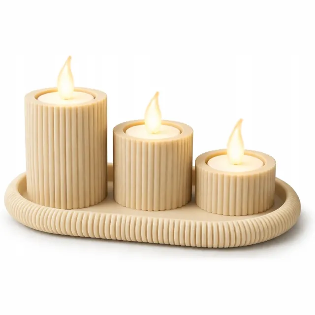 3D Szczecin Moderne LED Kaarsenhouder Set met Dienblad - Beige