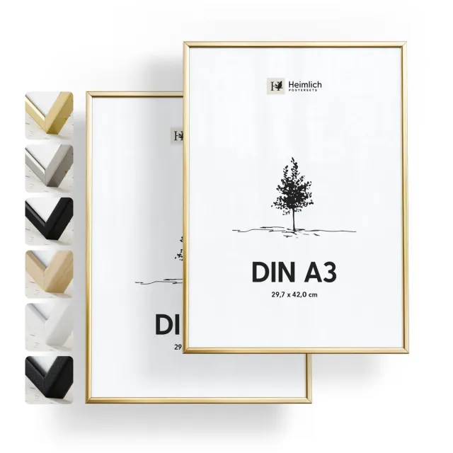 Heimlich Fotolijsten A3 (29,7x42 cm) Set van 2 - Posterlijst Metaal Goud - Wandhangend - Onbreekbaar Kunststof Glas