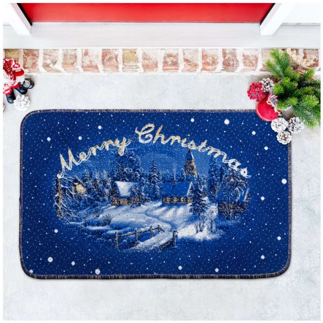 ANRO Winterdorp Kerst deurmat Blauw 50x80 cm - Glitter - Antislip