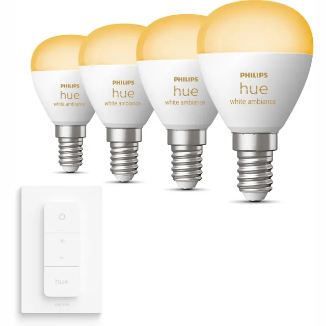 Philips Hue Uitbreidingspakket - E14 - met 4 Kogellampen - Warm tot Koelwit Licht - Incl. 1 Hue Dimmer Switch - Hue White Ambiance