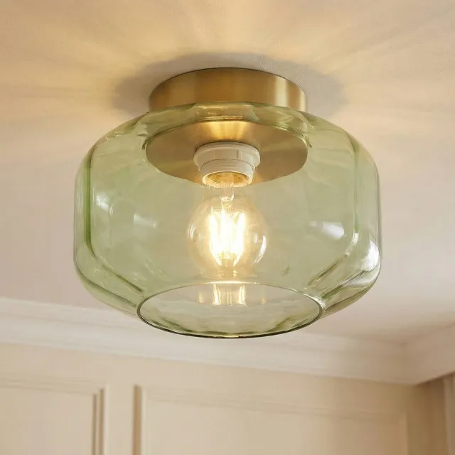 Lindby plafondlamp - 1licht - Glas, ijzer - H: 15.3 cm - E27 - groen, messing