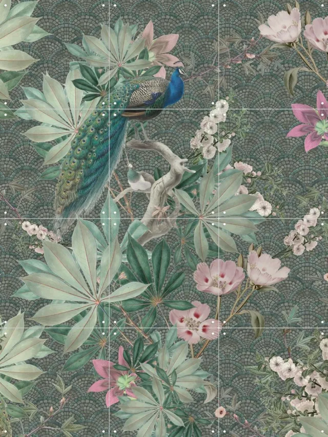 IXXI Botanical Garden Peacock, Bloomery Decor - 60 x 80 cm - Grote wanddecoratie en posters - Kleurrijk, Illustraties, Naturalisme, Grafisch Ontwerp Groen