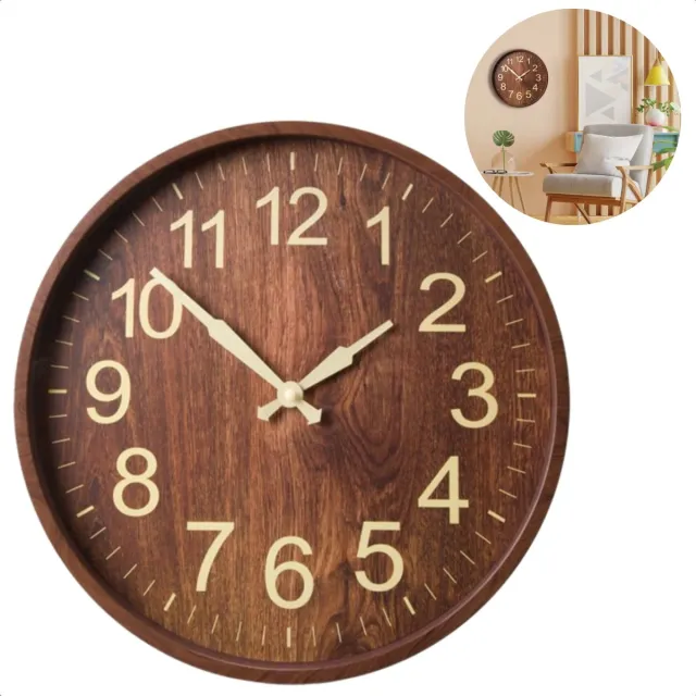 Cheqo Luxe Wandklok Houtlook - Klok voor aan de Wand - Donkerbruin - 30 cm - Kunststof - Stille Klok NTB