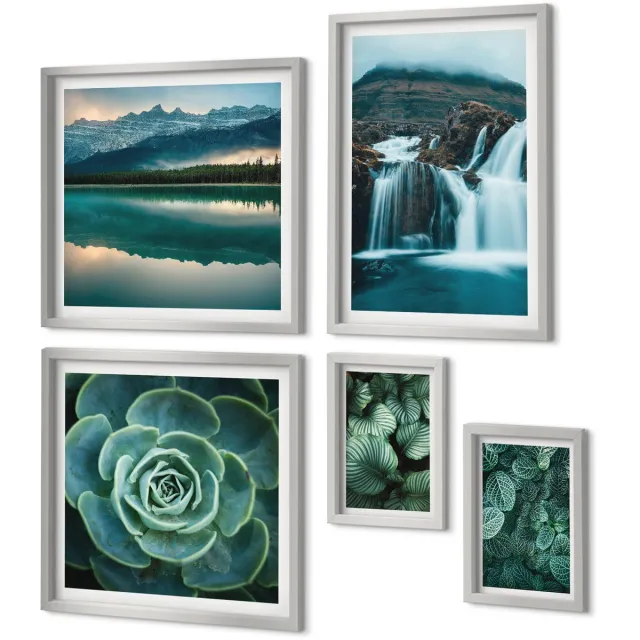 Coloray 5-Delige Schilderij Set - Vetplanten In Groene En Turquoise Tinten. - 20 x 30 cm - Stijlvolle Muurdecoratie - Kantoor Zilveren lijst