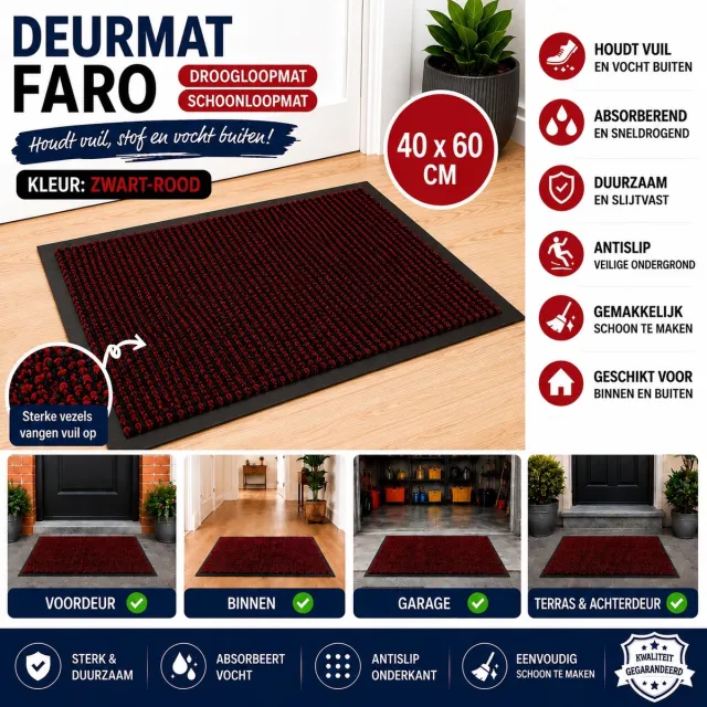 Wicotex Deurmat - Schoonloopmat Faro - Afmeting 40x60cm Zwart - Rood