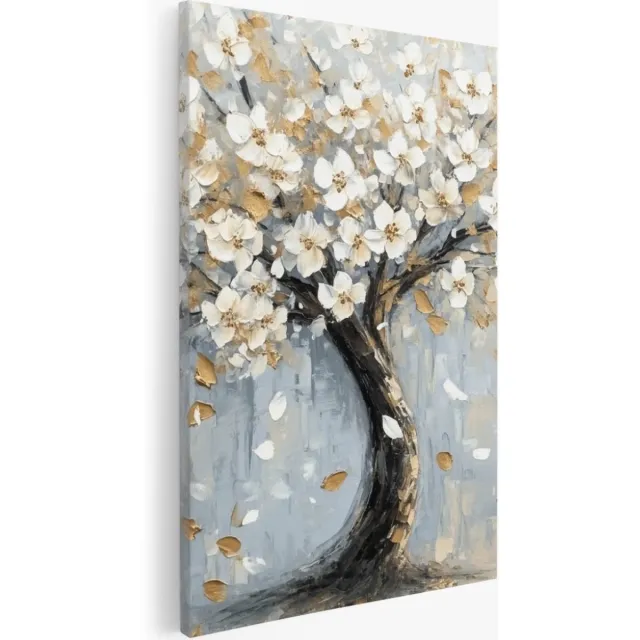 Saammp Canvas Schilderij - Boom met witte bloemen - Abstract - 30x40 - Foto op canvas - Wanddecoratie - Muurdecoratie Woonkamer - Slaapkamer decoratie - Canvas Print Multicolor