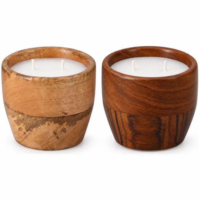 HEM Houten Kaarsen Set 2 Stuks Ø10 cm - Mango- en Acaciahout - 2 x 150 g Wax - 2 x 18 Branduren - Met Microvezeldoekje Bruin