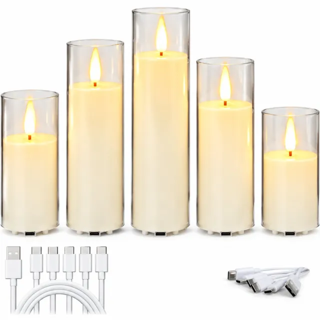 SWGOTA elektronische kaarsen, oplaadbare set van 5, diameter 5,5 cm, hoogtes 10/12,5/15/17,5/20 cm, warm licht, transparante cilindervormige kappen en USB-laadkabel Wit
