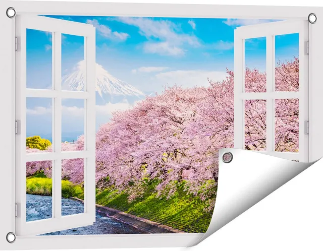 Gards Tuinposter Doorkijk Roze Bloesembomen bij de Fuji Berg - 60x40 cm - Tuindoek - Tuindecoratie - Wanddecoratie buiten - Tuinschilderij Wit