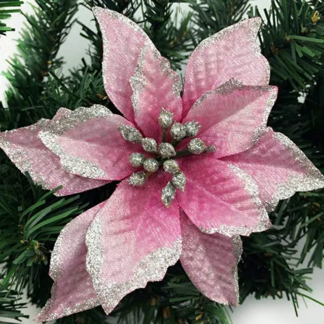 Gotrays 10 stuks 15cm glitter kerst kunstbloem decoratie - Home Decor binnen / buiten kunstbloem - rood en wit kunstbloem kerstboom decoratie - kerstdecoratie (Roze)