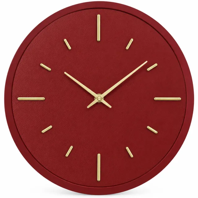 SWGOTA Ronde bordeauxrode wandklok 12 inch met stil kwartsuurwerk, zonder cijfers, goudkleurige wijzers en metalen kast Bordeauxrood