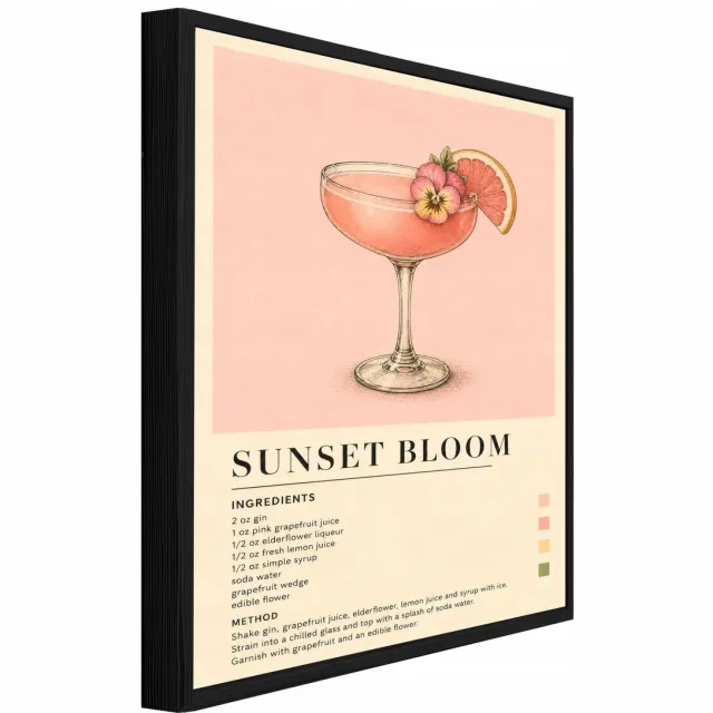 WALLARENA Schilderij op canvas met zwarte lijst - 60x40 cm - Sunset Bloom cocktailrecept in retrostijl - voor keuken en thuisbar