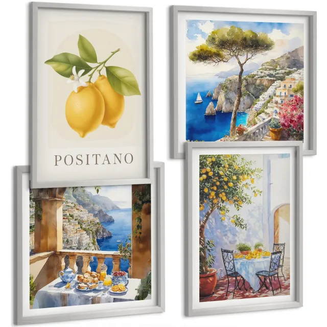 Coloray 4-Delige Schilderij Set - Uitzichten Op Positano Met Citroenen - Italiaanse Architectuur - 40 x 40 cm En 40 x 60 cm - Muurdecoratie - Wanddecoratie - Hal - Decoratieve Schilderijen Zilveren lijst