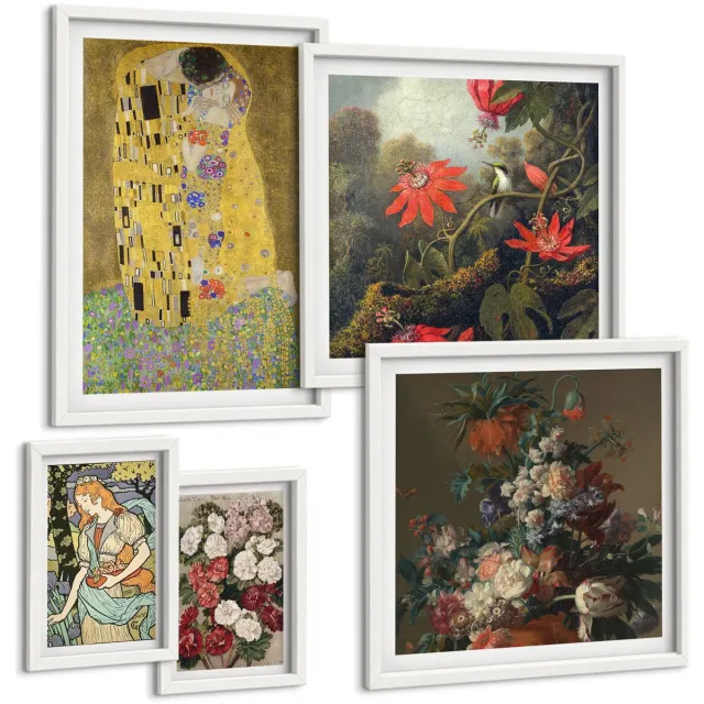 Coloray 5-Delige Schilderij Set - Bloemcomposities En Romantische Scènes In De Kunst - 50 x 50 cm, 20 x 30 cm En 40 x 60 cm - Wanddecoratie - Muurdecoratie - Woonkamer Witte lijst