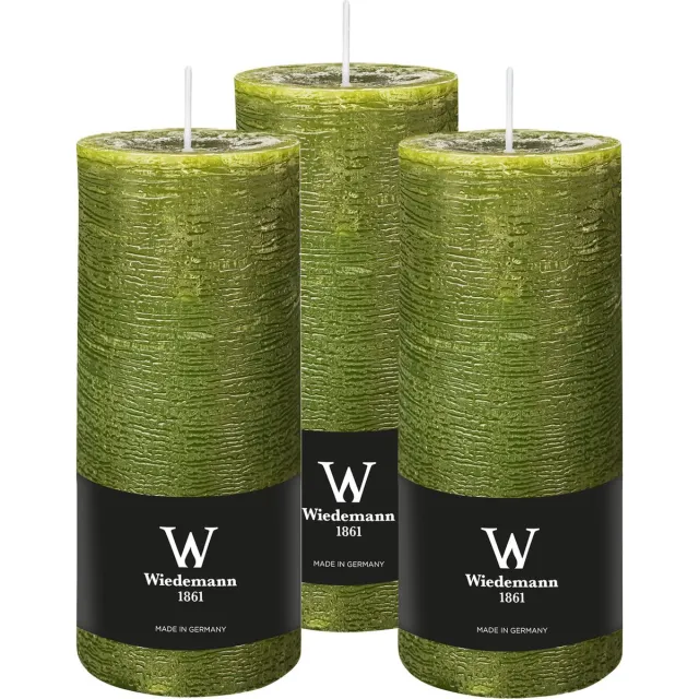 Wiedemann Cilinderkaars/stompkaars - 3x - rustieke kaars - olijfgroen - 7 x 16 cm - 66 branduren Olijf groen