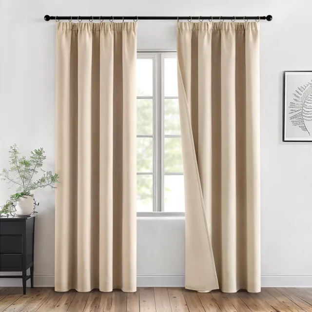 Famanu Verduisterende gordijnen voor binnen in beige, 2 stuks van 140 x 175 cm, thermische isolatie voor woonkamer, slaapkamer en kantoor, onderhoudsvriendelijk