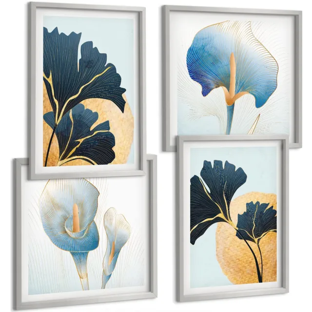 TULUP 4-Delige Schilderij Set - Citroenen Wachtwoord Over Wijn Portret van Frida Kahlo - 40 x 40 cm en 40 x 60 cm - Decoratieve Schilderijen - Woonkamer - Interieur Zilveren lijst