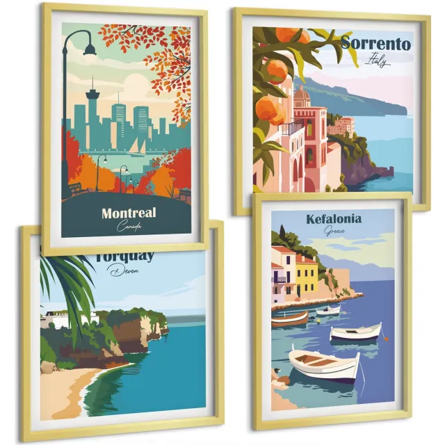 TULUP 4-Delige Schilderij Set - Retrobeelden van steden en landschappen van over de hele wereld - 40 x 40 cm en 40 x 60 cm - Schilderijen Set - Wanddecoratie - Woonkamer - Muurdecoratie Gouden lijst