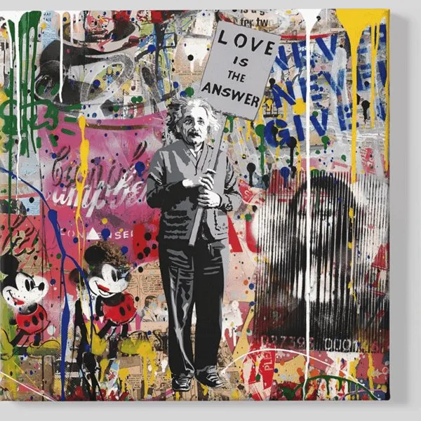 Trendex Global Vierkant Canvas Schilderij – Banksy Art – Einstein – Moderne Wanddecoratie – 100x100x2 cm Kleurrijk