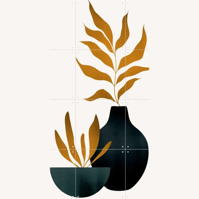 IXXI Autumn Flowers, Kubistika - 60 x 80 cm - Grote wanddecoratie en posters - Decoratieve kunsten, Minimalisme, Illustraties, Geometrische Kunst Goud / Warme kleuren