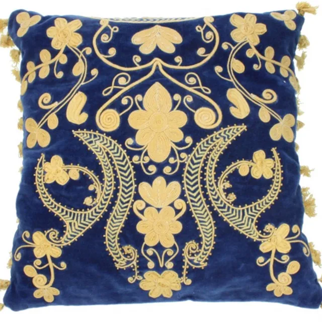 Meander Kussen vierkant Dark Blue Moleskin gouden embroiderie 45x45 Zie foto
