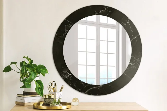 Coloray Bedrukte Spiegel - Marmeren steen Wandspiegel Met Print - 60 cm - Zwart Bedrukte Spiegel - Wandspiegel Met Print - Wandspiegel Decoratieve Print - Bedrukte Spiegel Zwart Marmeren steen