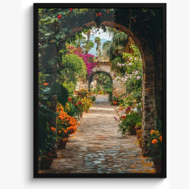 FrameYourWall Poster in lijst - Fotolijst 50x70 cm - Posters - Doorkijk - Bloemen - Poort - Stenen - Posterlijst zwart - Decoratie - Wanddecoratie woonkamer - Muurdecoratie slaapkamer Doorkijk - Bloementuin