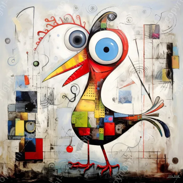 John Joseb Art (Glas) 100x100 | Grappige gekkle vogel, abstract, Joan Miro stijl, surrealisme, kunst | Kip, haan, dier, humor, blauw, rood, geel, grijs, modern, vierkant | Foto-schilderij-glasschilderij-acrylglas-acrylaat-wanddecoratie Acrylglas, dikte 5 mm