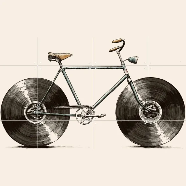 IXXI Velophone, Florent Bodart - 80 x 60 cm - Grote wanddecoratie en posters - Grafisch Ontwerp, Speels, Line art, Illustraties, Vintage, Woonkamer Lichte tinten / Zwart