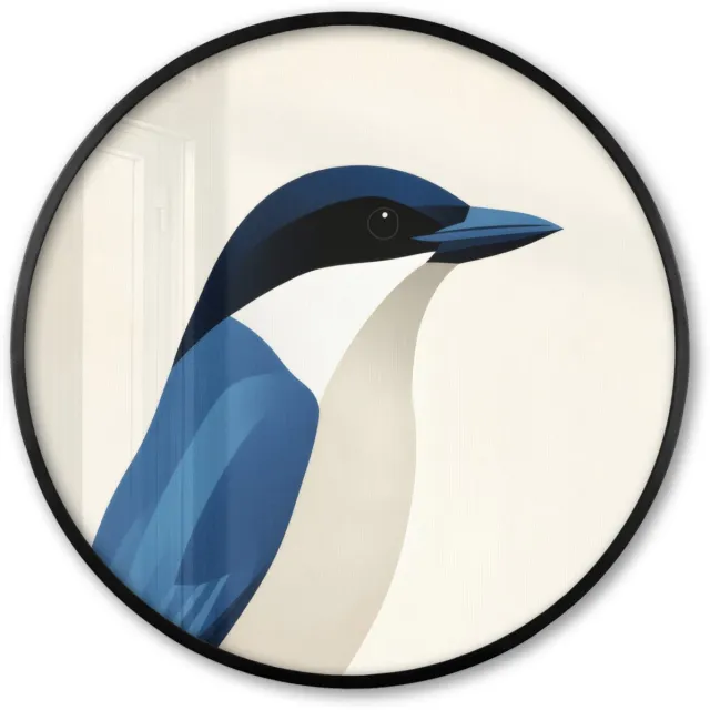 FrameYourWall Poster in lijst Rond - Fotolijst 80x80 cm - Posters - Illustratie - Blauw - Vogel - Ronde posterlijst zwart - Decoratie - Wanddecoratie woonkamer - Muurdecoratie slaapkamer Vogel - Illustratie
