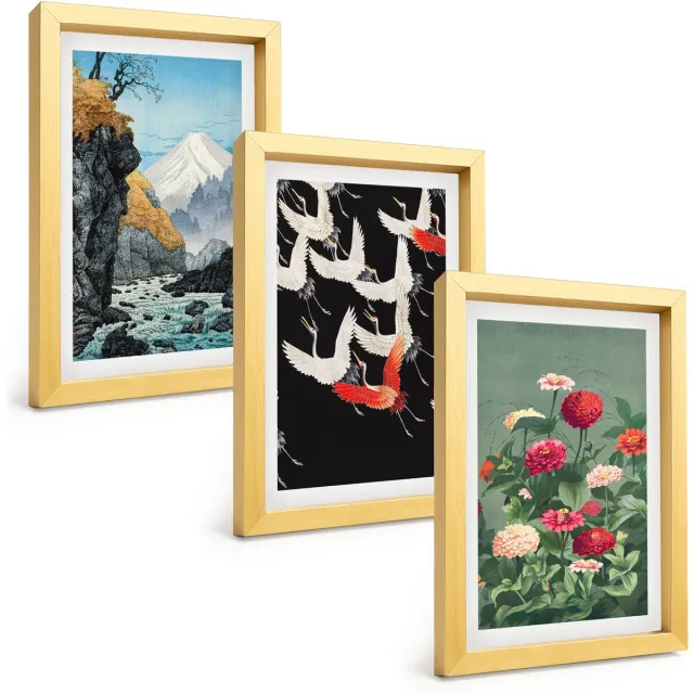 TULUP 4-Delige Schilderij Set - Bergen met een waterval, vogels in vlucht en kleurrijke bloemen - 20 x 30 cm - Wanddecoratie - Moderne Interieurdecoratie - Stijlvolle Muurdecoratie Gouden lijst