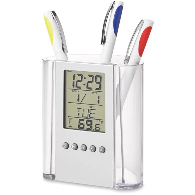 Midocean Multifunctionele Wekker met Pennenhouder - Digitale Klok van kunstof - Wekker met Temperatuurmeter - Bureau Organizer voor Studenten en Kantoor Wit