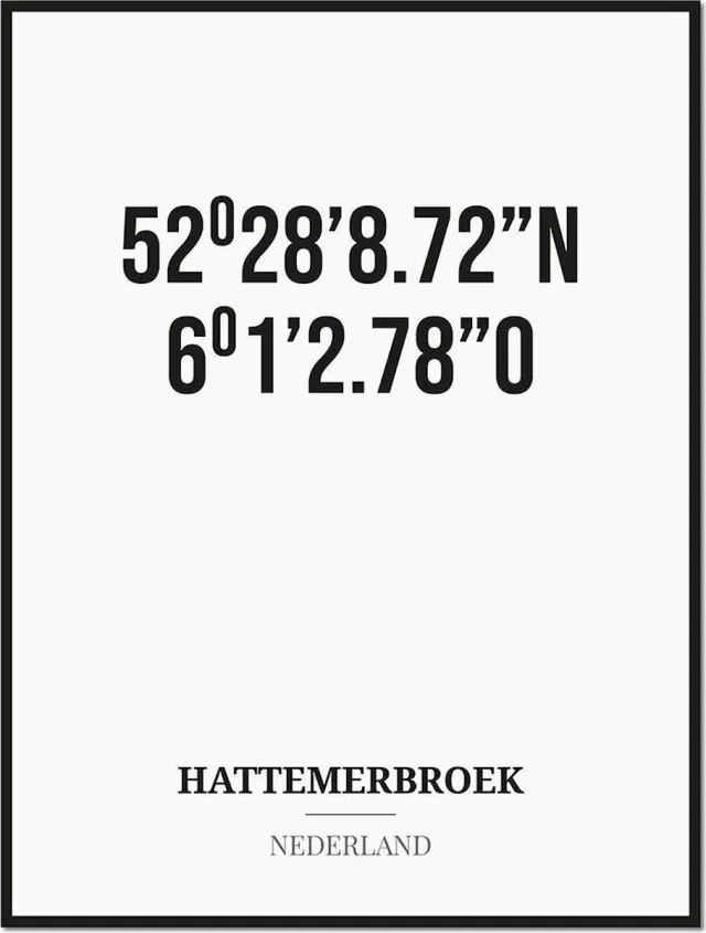 Studio216 Poster/kaart HATTEMERBROEK met coördinaten zwart, wit