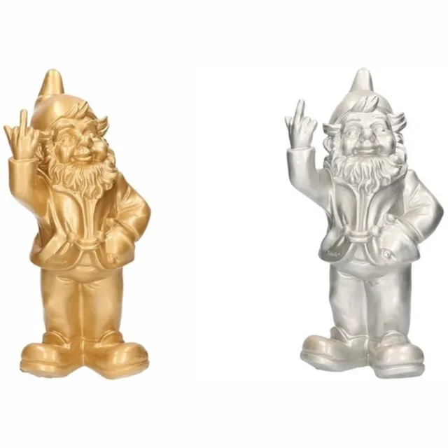 Stoobz Design Tuinkabouters goud zilver middelvinger - 30 cm - polystone - set van 2 - decoratief Multi