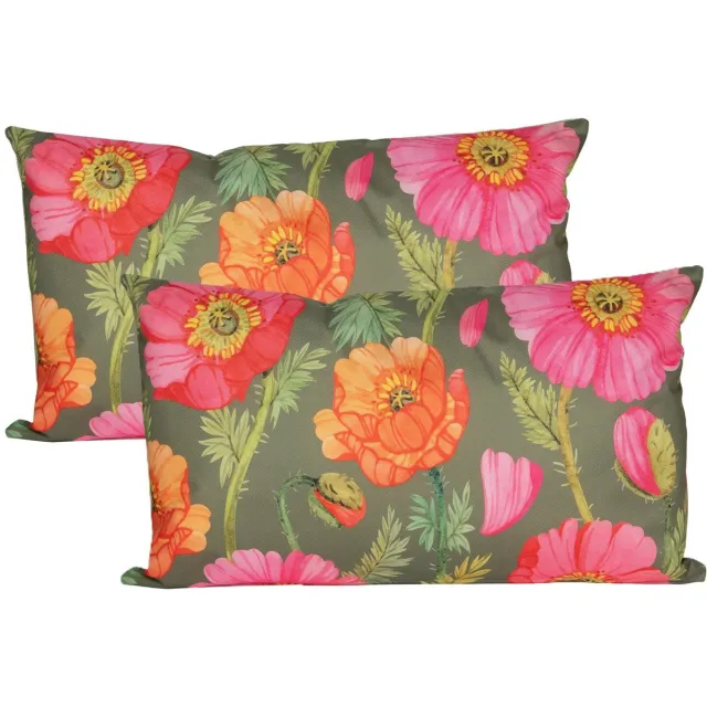 Anna's Collection Sierkussen voor binnen en buiten - 2x - klaprozen bloemen - groen/roze - 30 x 50 cm - tuinkussens