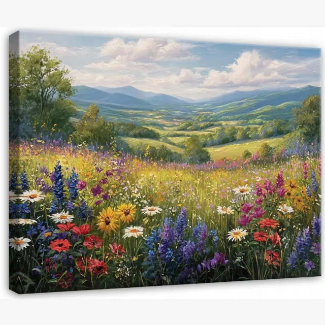WALLARENA Schilderij op canvas - 60x40 cm - bloemenweide landschap natuur - Geschikt voor slaapkamer, woonkamer, keuken Veelkleurig