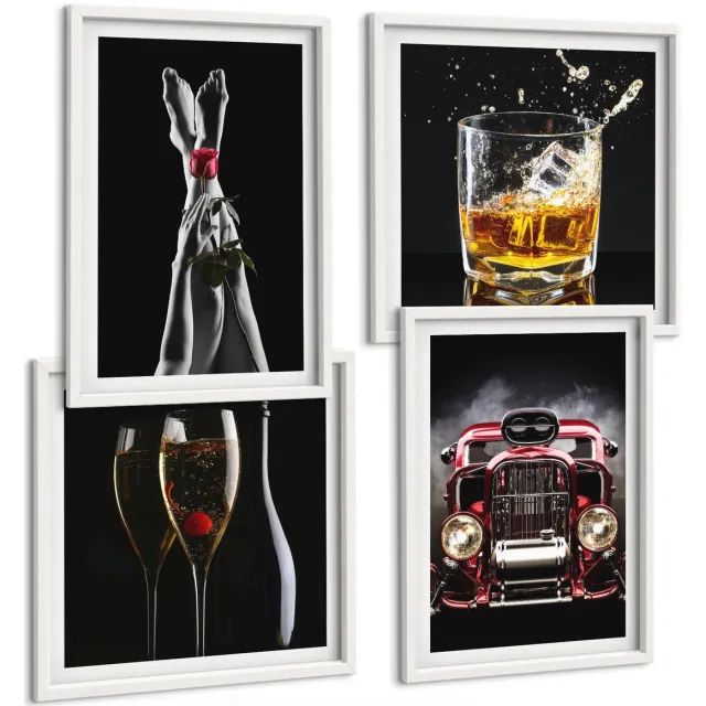 TULUP 4-Delige Schilderij Set - Vrouwenbenen met roos, oude auto, wijn, whisky - 40x40 en 40x60 - Moderne Wanddecoratie - Slaapkamer - Stijlvolle Muurdecoratie Witte lijst