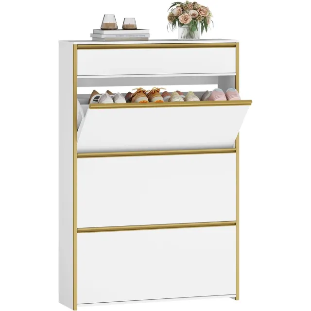 HILINSIE Schoenkast met 3 draaideuren, 80 x 24 x 137,5 cm, witgoud, schoenenrek met lade, smalle schoenenkast met 6 planken, verstelbaar, voor gangen, entrees, kledingkasten Wit-Goud