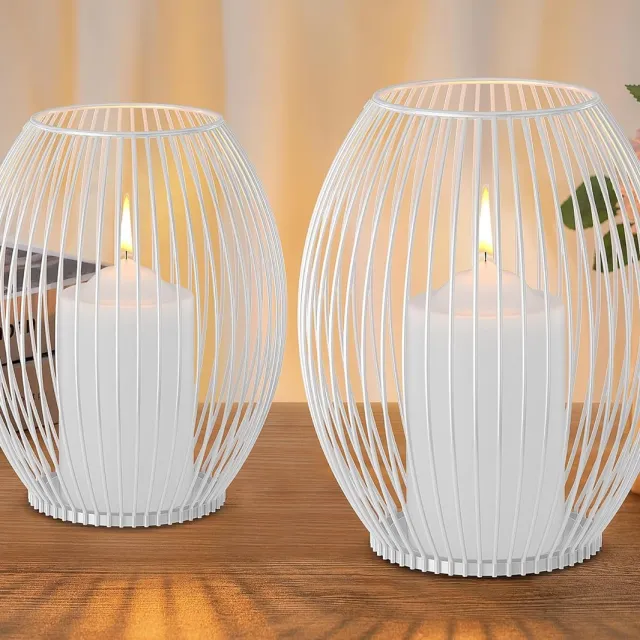 Famanu Windlicht kandelaars wit set van 2 – Metaal – Voor stompkaarsen – Open/dicht design
