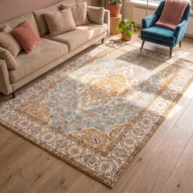 Fraai Vintage vloerkleed - Thirza Medaillon Lichtblauw/Multicolor - 80x150cm