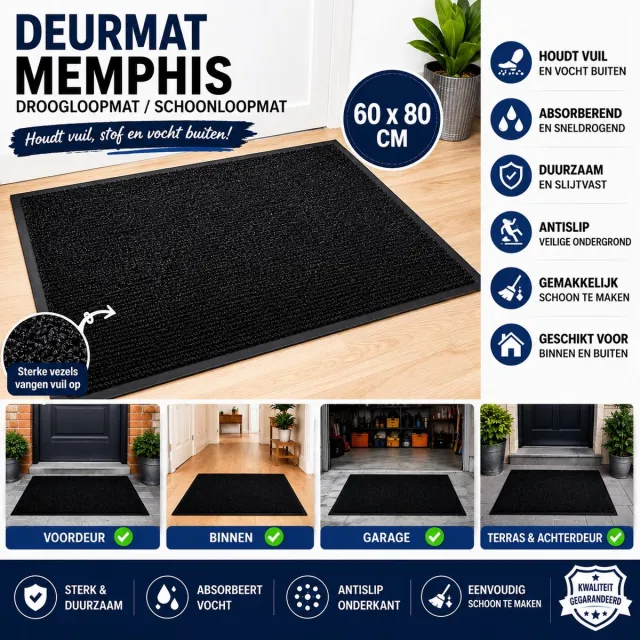 Wicotex Deurmat - Droogloopmat Memphis Zwart - Afmeting 60x80cm