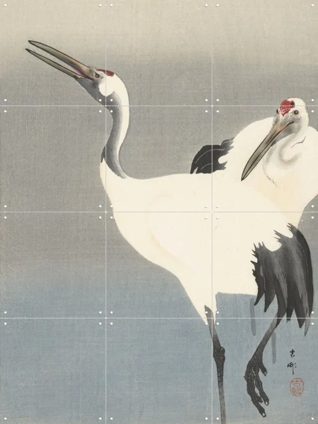 IXXI Two Cranes, Ohara Koson & Rijksmuseum - 60 x 80 cm - Grote wanddecoratie en posters - Houtsnede, Ukiyo-e, Klassiek, Woonkamer, Slaapkamer Koele tinten / Wit