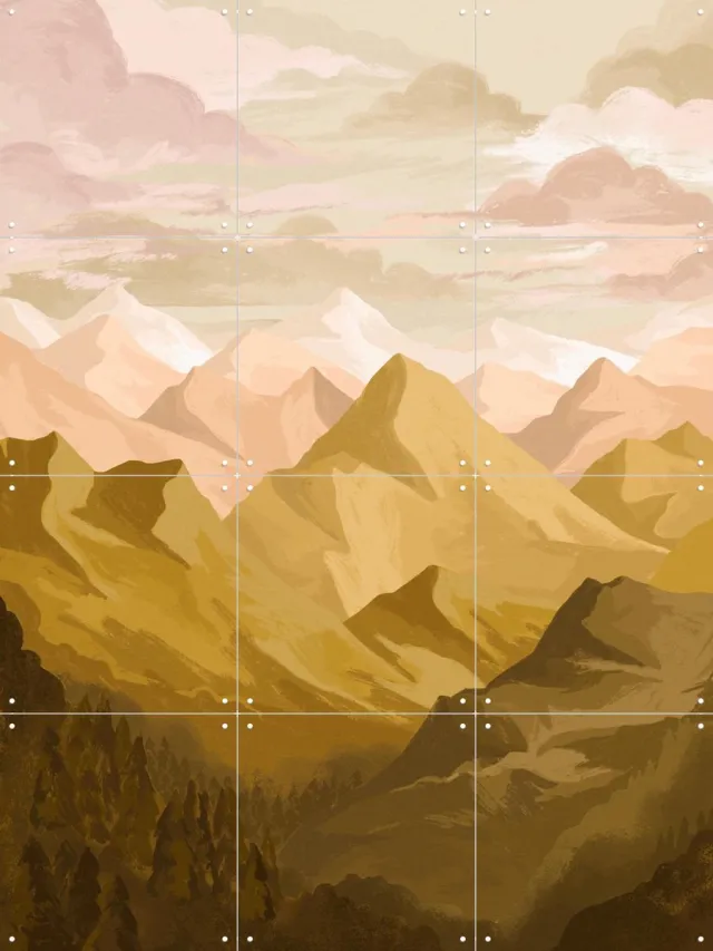 IXXI Mountain View, Goed Blauw - 60 x 80 cm - Grote wanddecoratie en posters - Digitale Kunst, Illustraties, Woonkamer, Slaapkamer, Landschappen Bruin / Pastel kleuren / Rustig